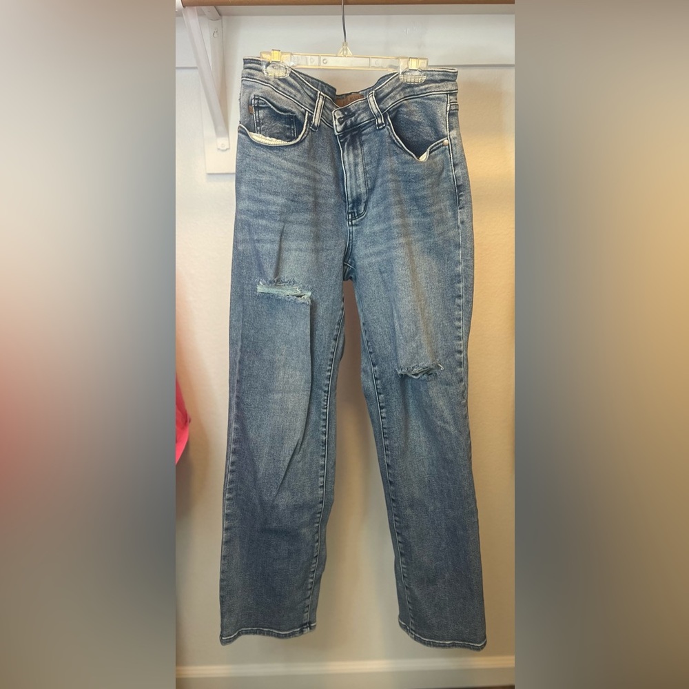 Judy Blue Straight Leg Blue Jeans with Distressed Details